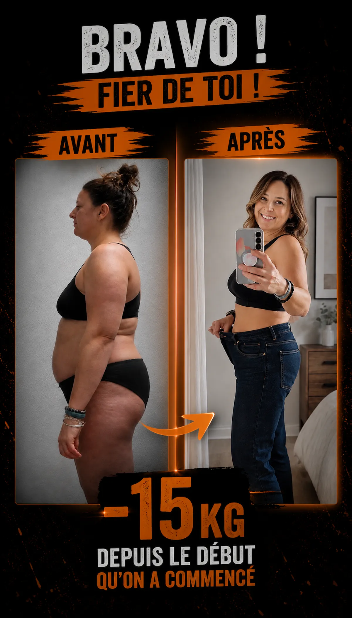 Femme avant/après perte de poids de 15kg avec coaching Just4You