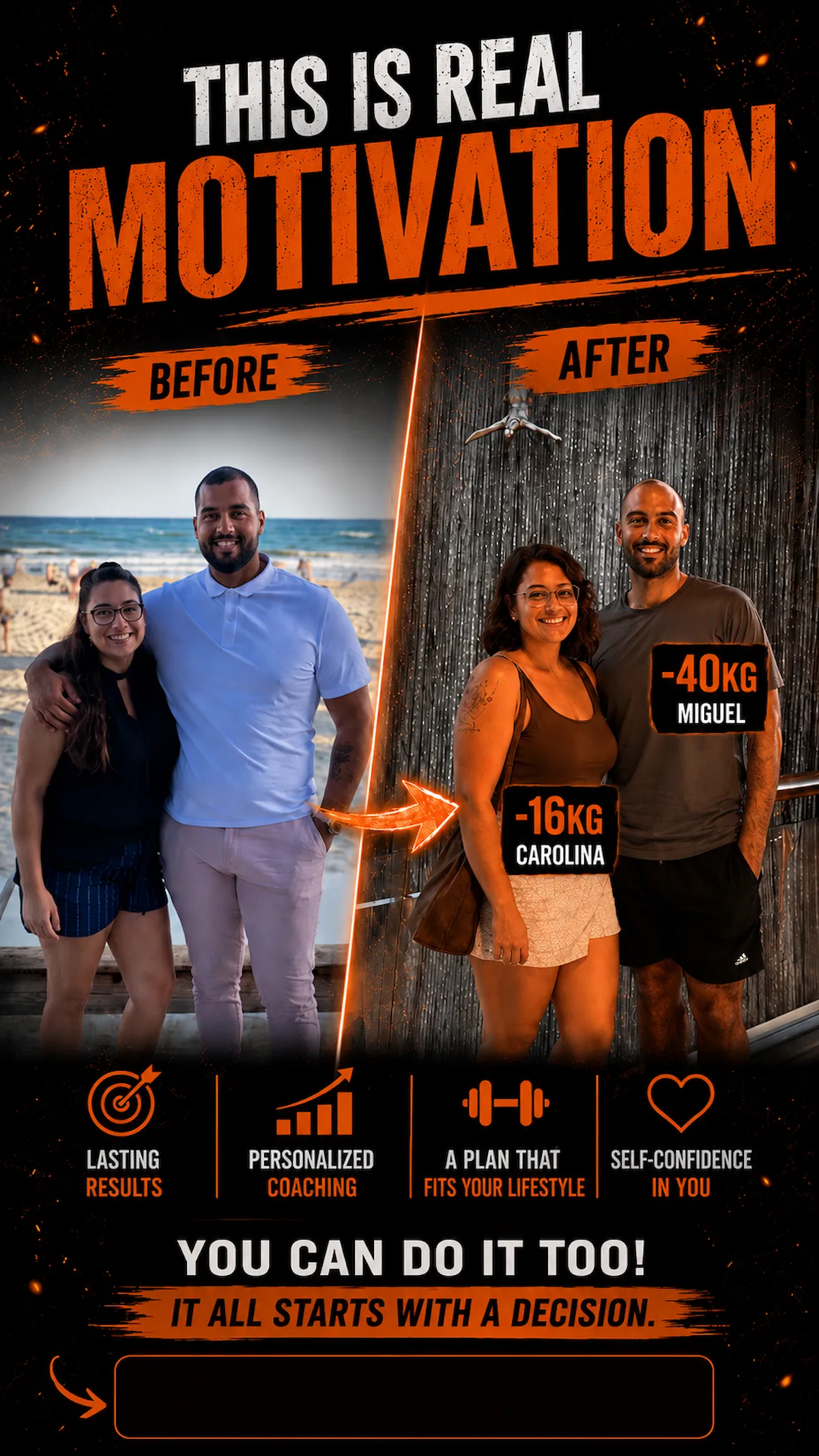 Couple avant/après transformation physique, Miguel -40kg et Carolina -16kg