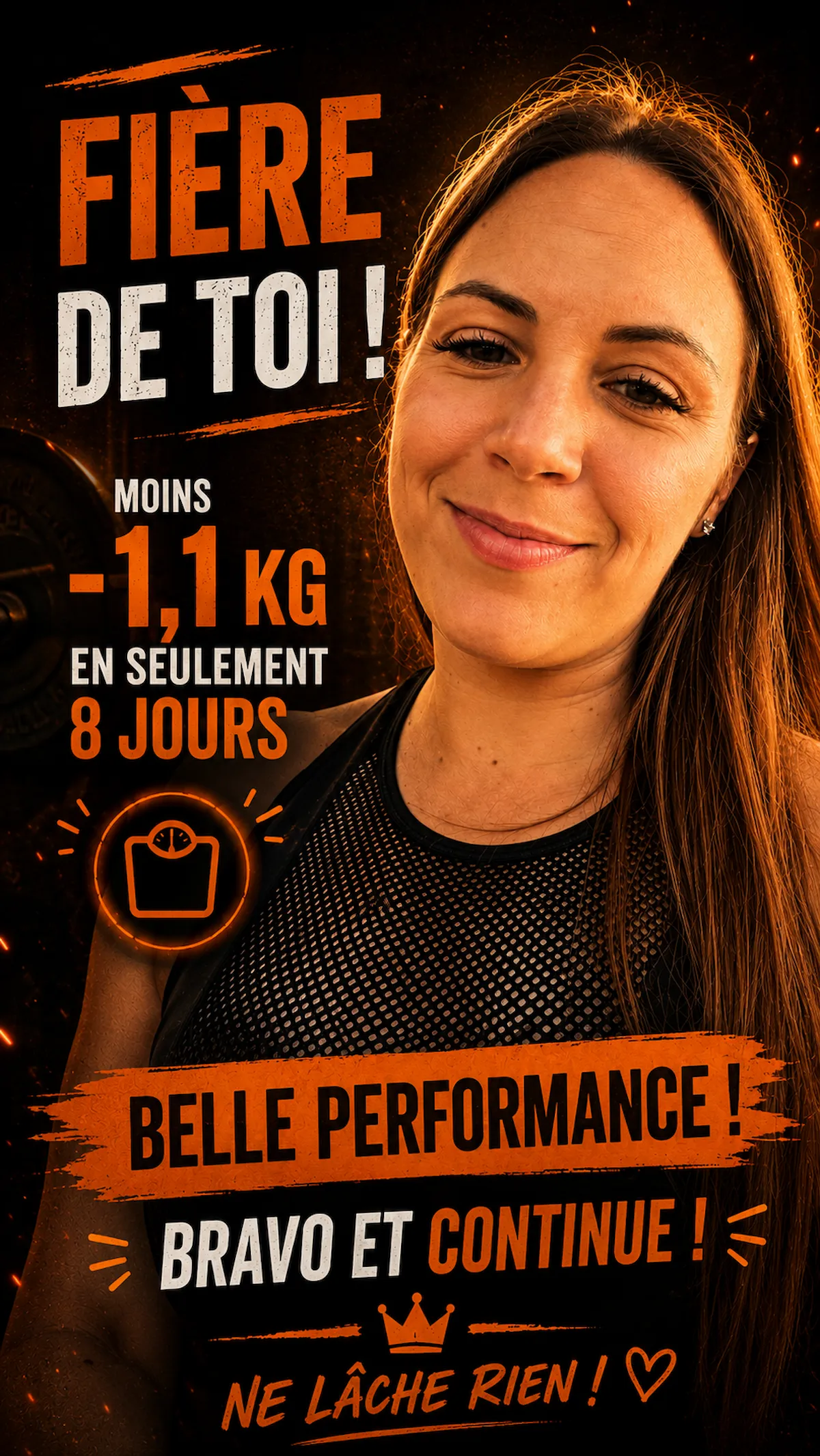 Femme fière de sa perte de poids de 1,1kg en 8 jours