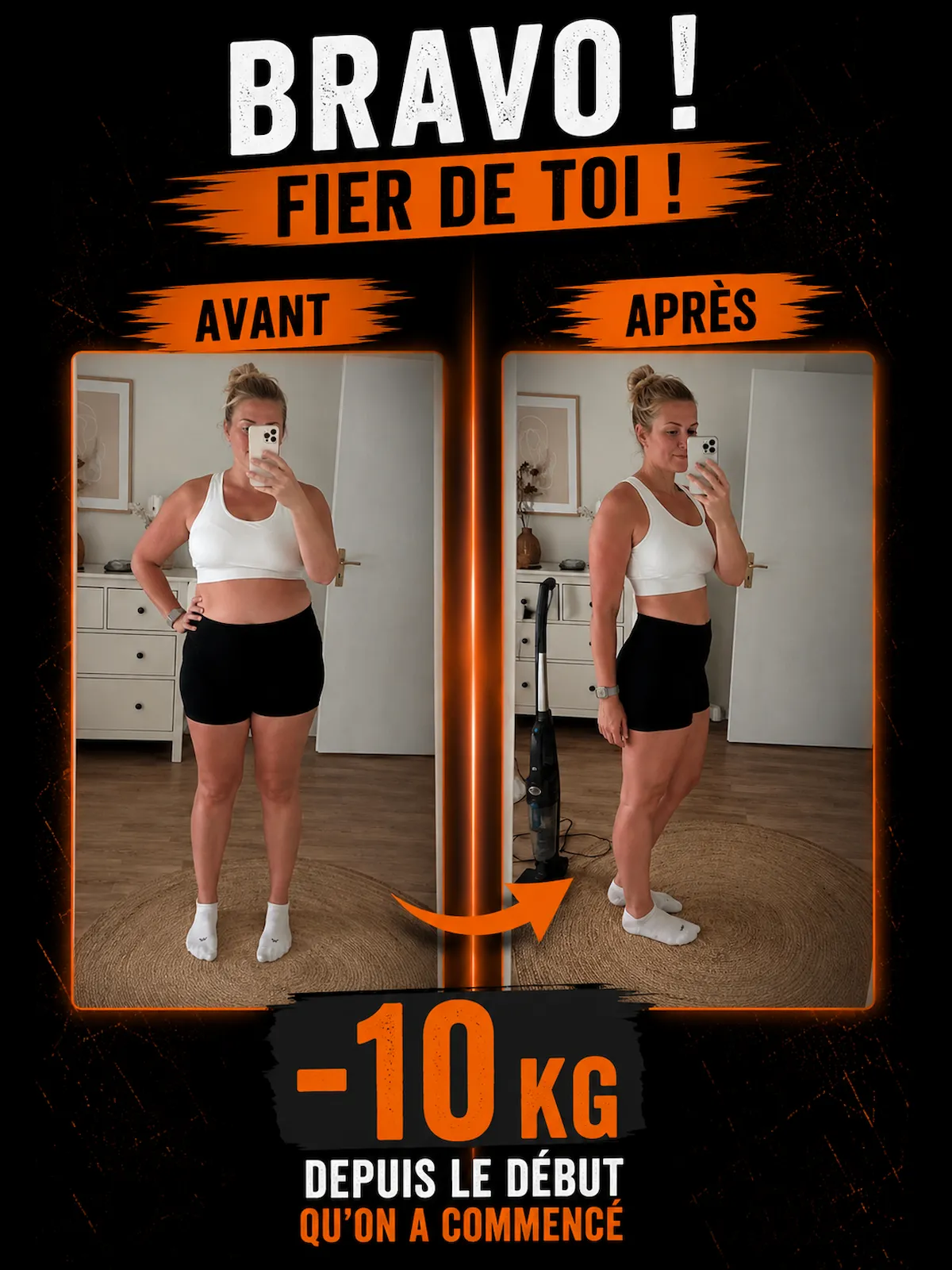 Femme avant/après ayant perdu 10kg grâce au coaching