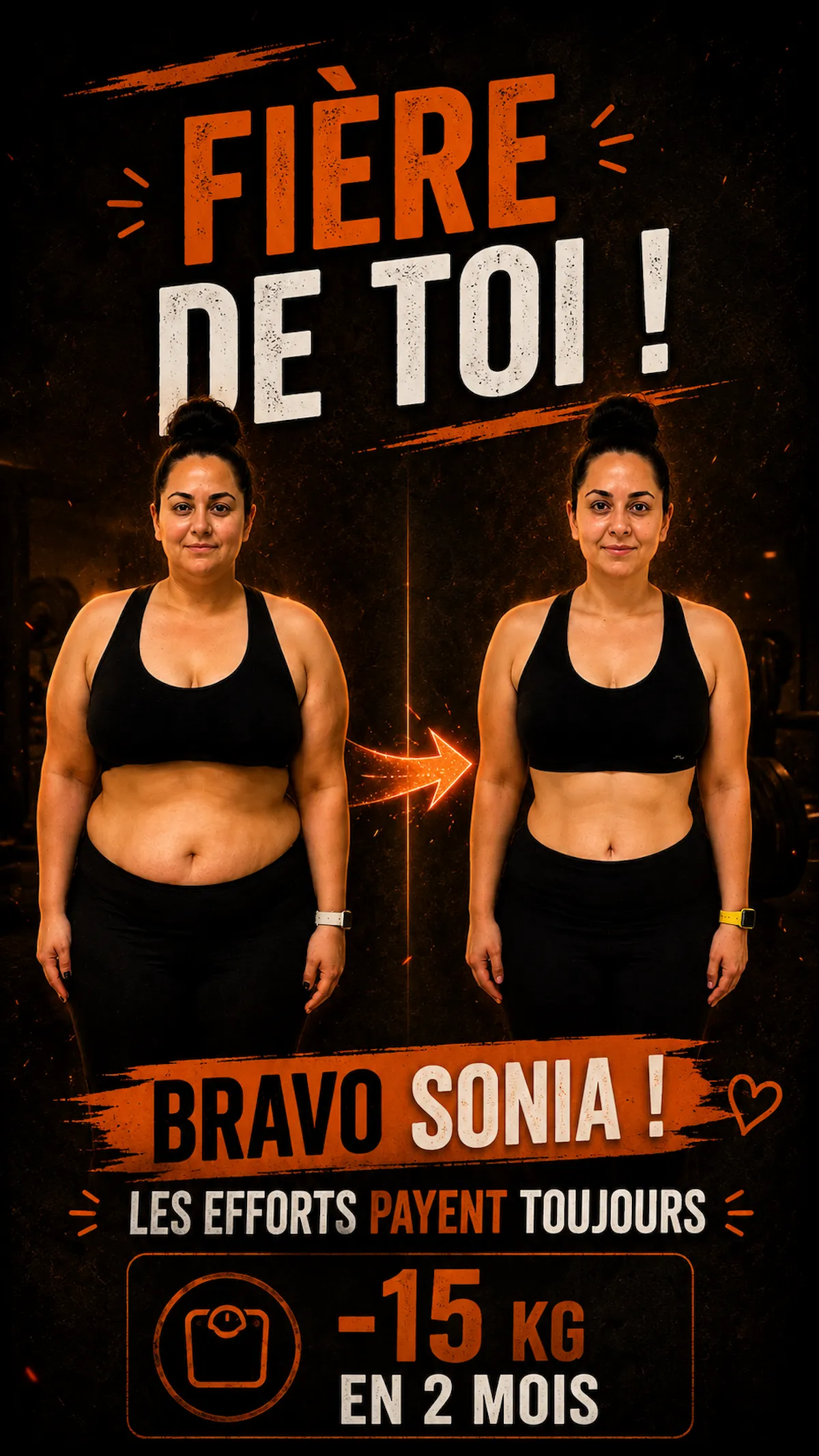 Sonia avant/après, perte de 15kg en 2 mois grâce au coaching Just4You